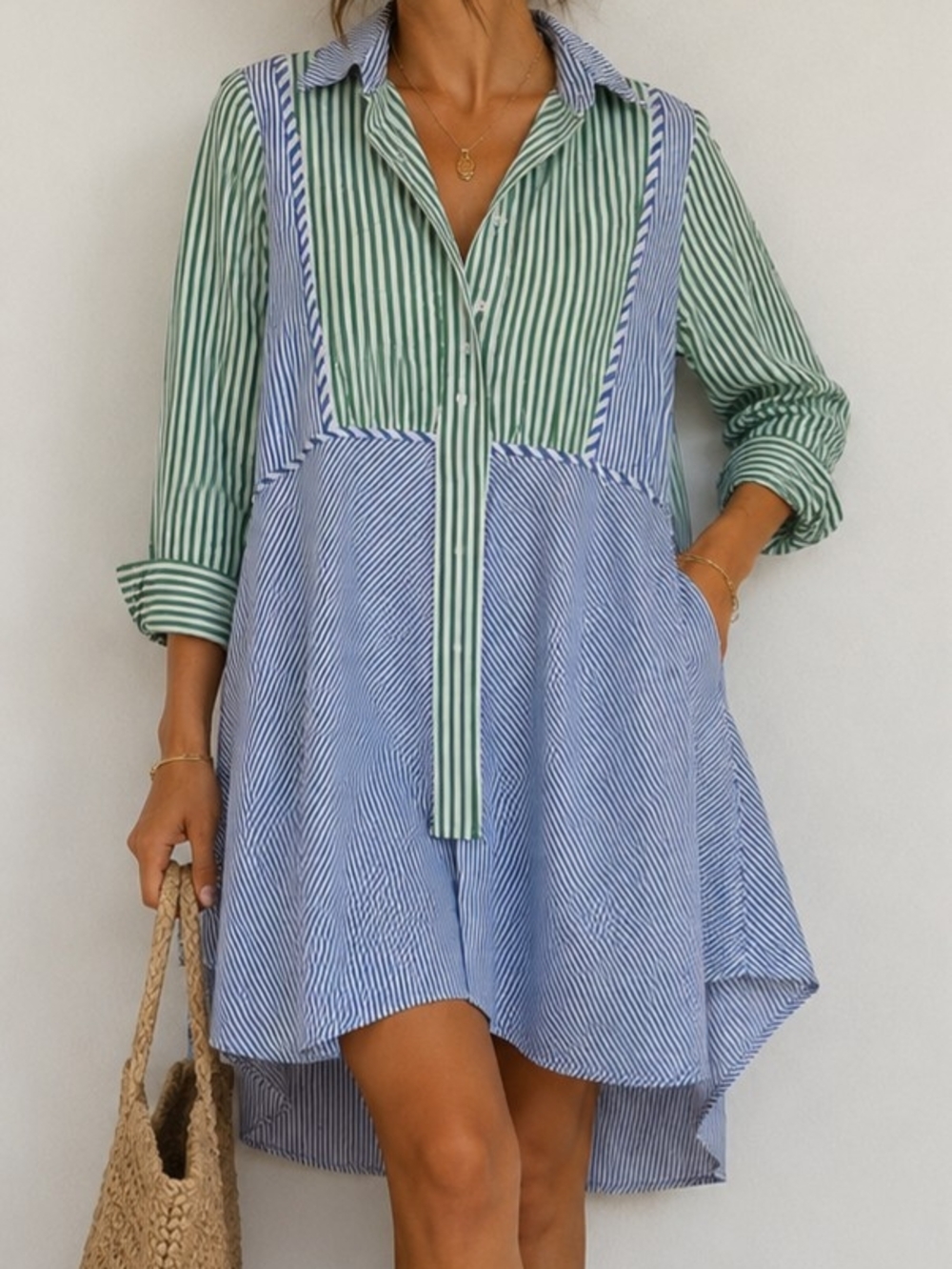 Zara Basic Striped Shirt Dress Womens Large Blue Green Colorblock Sz L
